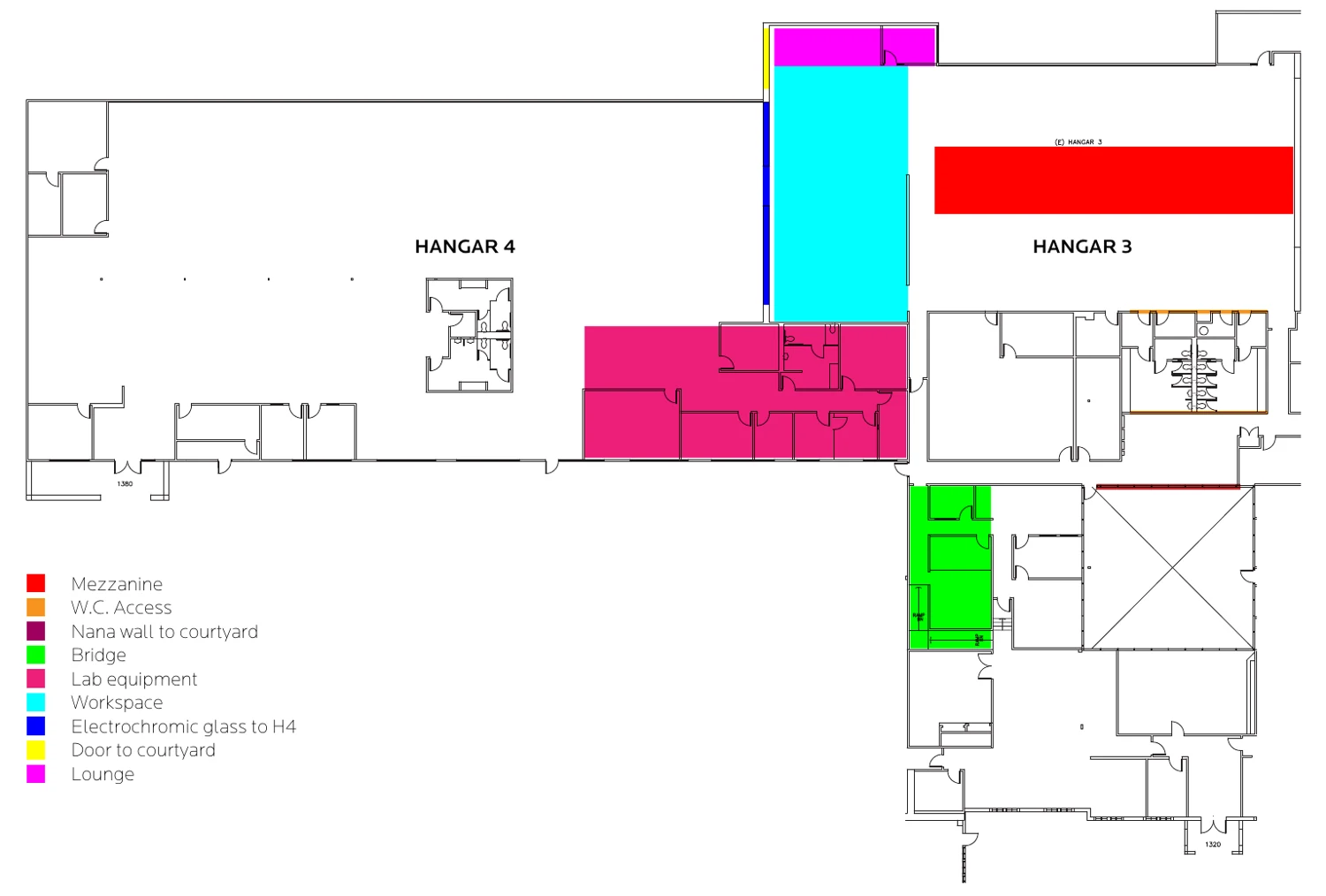 Original preliminary architectural plan of Hangars 3 and 4, marking workspace, lab equipment, mezzanine, courtyard access and shared areas.