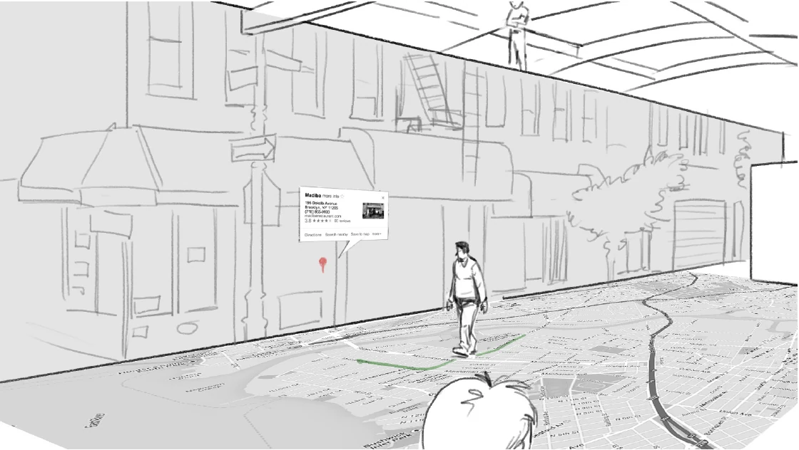 Original Wonderwall design drawing showing people beside architectural-scale projected information across a wall and floor.