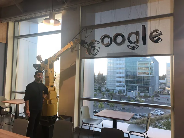 A personal photograph beside an industrial robot at Google.