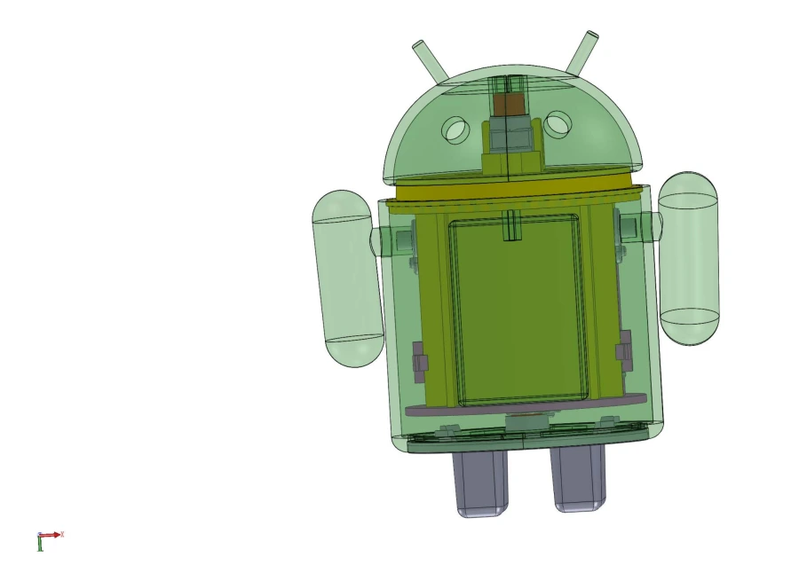 A transparent-shell CAD view shows the internal assembly in place beneath the Android character’s familiar exterior.