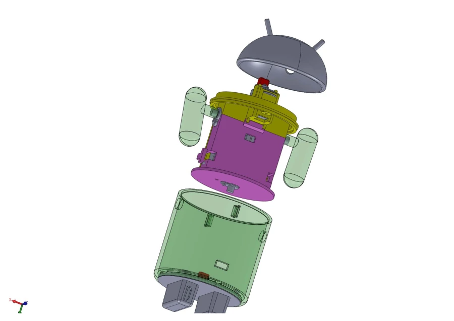 An exploded CAD assembly separates the Android shell, internal carrier, head and arms. From the supplied toy-design archive.