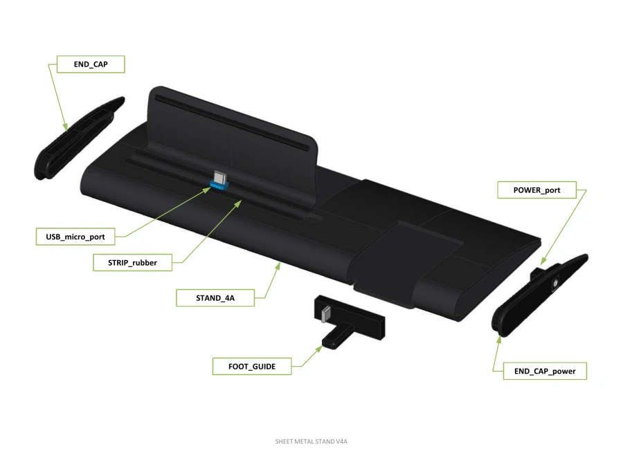The stand’s exploded assembly identifies the micro-USB connector, power port, end caps, rubber strip and foot guide. Sheet Metal Stand V4A, page 3.