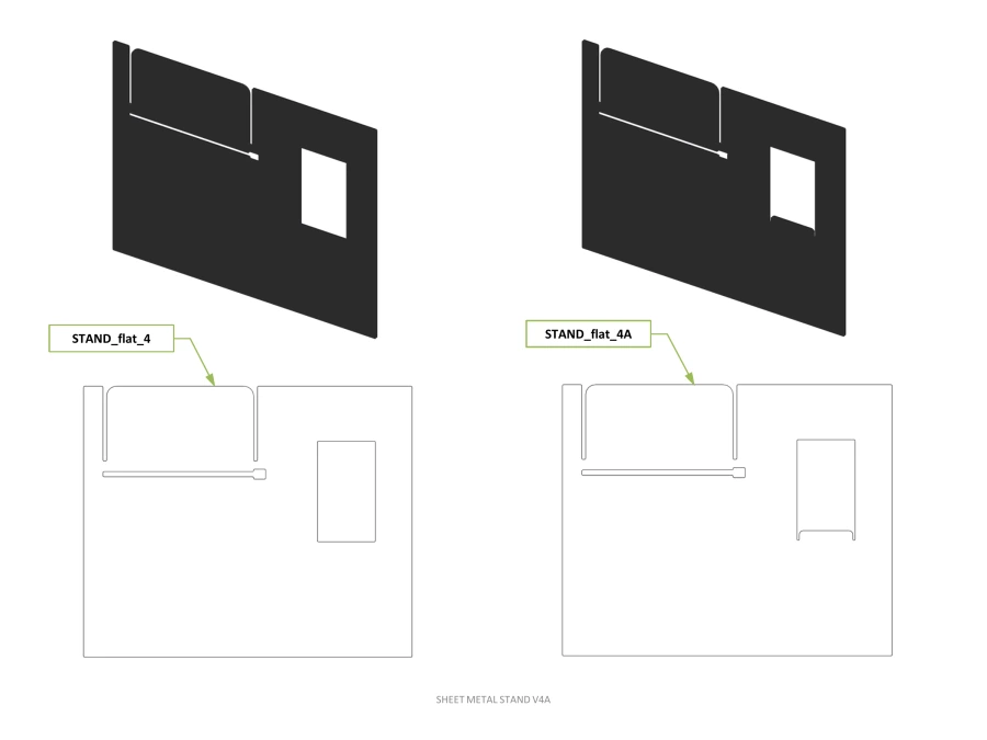 Two stand variants shown as shaded CAD views and flat patterns. Sheet Metal Stand V4A, page 4.
