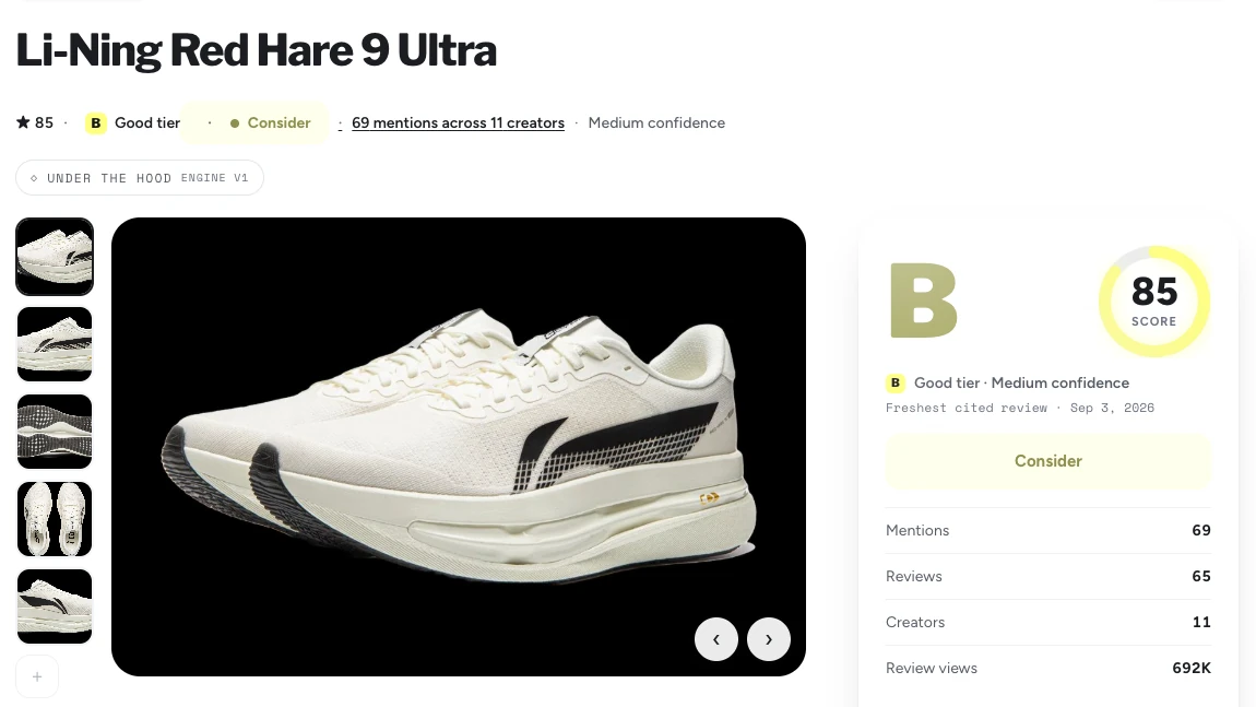 Yeah’s Li-Ning Red Hare 9 Ultra verdict, showing the shoe, recommendation, and links to evidence from independent reviewers.