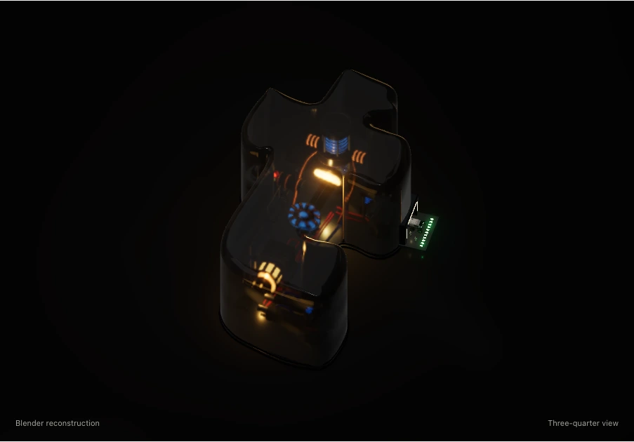 The glass mechanical t with a steady amber lamp, blue core, and green hangar ramp.