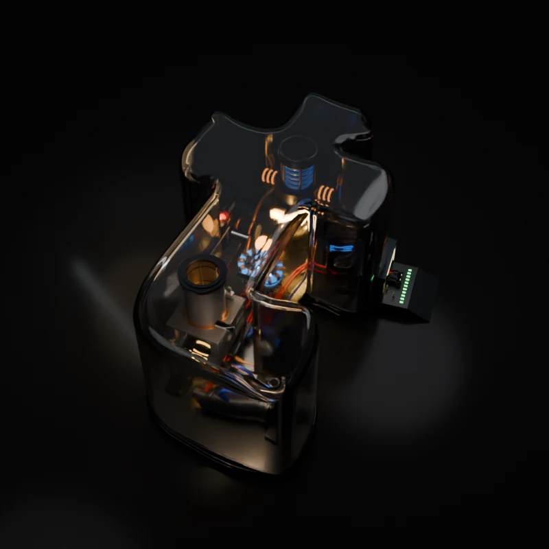 An amber-lit mechanical t inside thick black glass, with a blue energy core and a miniature hangar.