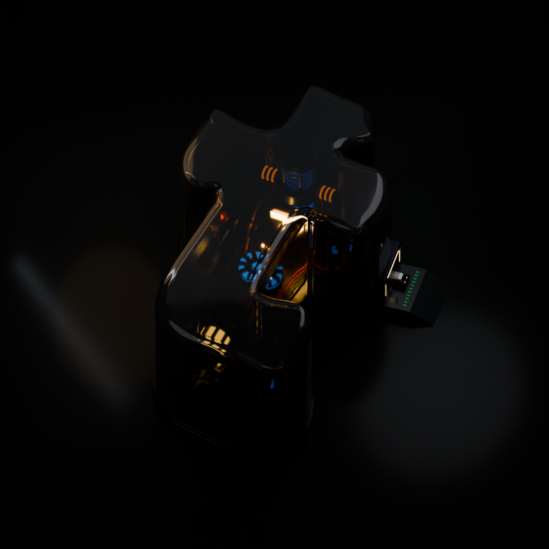 Ray-traced Cycles render of the glass-enclosed mechanical t, with a blue reactor core and warm machinery inside.
